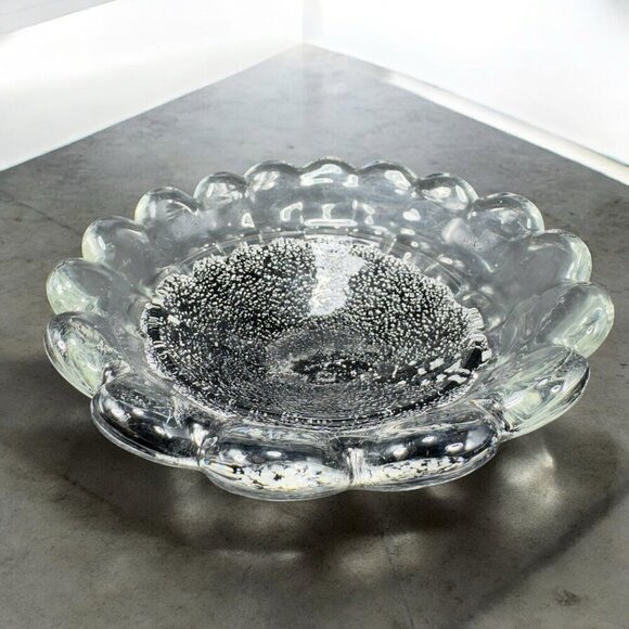 Venetian Art Glass Ruffled Dish Bowl Centerpiece Clear Edges Silver Flecks Black - Picture 1 of 16